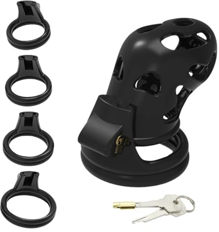 Male Chastity Cage, Black Resin Cock Cage with 4 Different Sizes Rings, Invisible Penis Cages for Men, Lightweight Male Sex Toys for Penis Exercise, SM, Prevent Erection