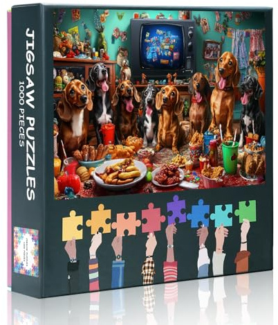 Jigsaw Puzzle 1000 Teile für Erwachsene Dackel Fest Lustige Hundezusammenkunft Niedliche Dackel Party Verspielte Hundekunst Premium Papierpuzzle Entspannende Herausforderung 70 x 50 cm