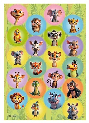 Dekora, Jungle Animals Edible Wafer Cupcake Toppers, Mini Discs for Cupcakes and Cookies, Safari Themed Party Decorations, Easy to Use, 3.4 CM