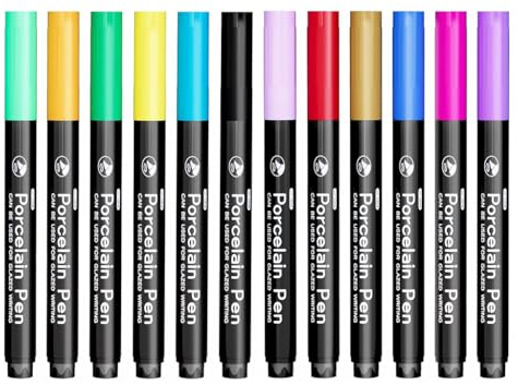 12 Farben Porzellanstifte Spülmaschinenfest für Keramik & Glas, Premium Acrylstifte Set zum Bemalen von Tassen, Wasserfeste Glasmalstifte für DIY Geschenke, Schnelltrocknend & Ofenfest für Hobby