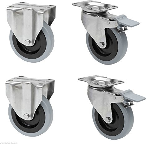 Satz je 2 Transportgeräterolle Bockrolle Lenkrolle totalfeststellbar Edelstahl 100 mm Rad Gummibereifung grau spurlos Anschraubplatte V2A INOX Edelstahlrolle Polyamidrad Gummi Gummibereifung Bremse