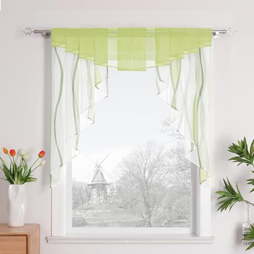 HongYa Tunnelzug Scheibengardine transparenter Voile Kurzgardine für Kleinfenster H/B 125/120 cm Creme Grün