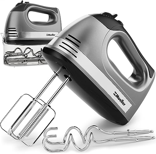 Mueller Electric Hand Mixer | 5 Speed 250W Turbo with Snap-On Storage Case | 4 Stainless Steel Accessories | Easy Whipping, Mixing Cookies, Brownies, Cakes, Dough Batters