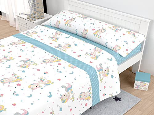 Juego de Sábanas Infantiles Unicornios y Mariposas, Algodón/Poliéster (Aqua, 90 cm)