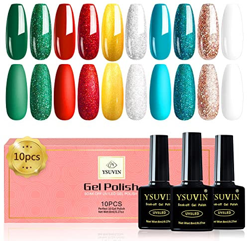 Yueshop 10PCS Gel Nail Polish Set Green Red White Blue Glitter Colors 8ml Soak Off LED/UV Nail Lamp Christmas Varnish Gel Manicure Nails Art Kit - Xmas Nail Art Beauty