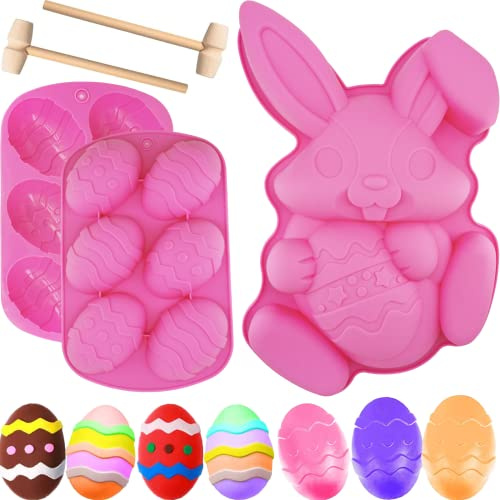 3Pcs Large Bunny Mold Easter Egg Mold, 3D Rabbit Bunny Easter Egg Shape Silicone Mold Easter Bunny Cake Mold Chocolate Egg Mold Silicone Baking Mould for Candy Jello Cocoa Bombs with 2 Wooden Hammers