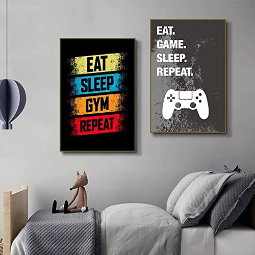 Game Posters Eat Sleep Game Repeat Gaming Wall Art Gamer Canvas Painting Poster and Print for Boys Room Imagen decorativa 21x30cm (8x12in) x2 con marco