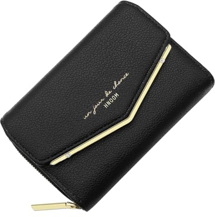 HNOOM Geldbörse Damen klein, Kleines Portemonnaie, Glattem und Weichem Synthetisches PU Leder, Damen Geldbeutel im Kurzformat mit Druckknopf Reißverschluss und 9 Fächer (Schwarz)