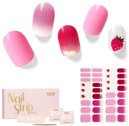 NAILOG Nagelfolie UV Härtend, 34 Stück Ombre Nagelsticker Selbstklebend, Lang Anhaltende Gel-Nagelstreifen, UV Gel Nagelfolie in Salonqualität, Strawberry Love