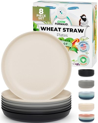 Grow Forward Premium Wheat Straw Plates - 10 Inch Reusable Hard Plastic Dinner Plates Set of 8 - Unbreakable Microwave Safe Plates for Dessert, Camping, RV, Outdoors, Patio, Kitchen Dishes - Moonlight