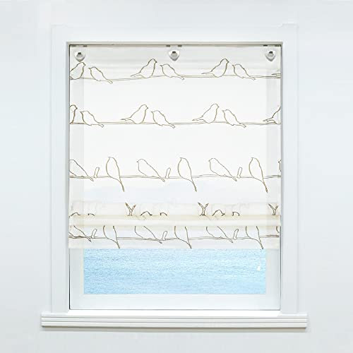 ESLIR Raffrollo ohne Bohren Leinen Küche Gardinen Landhaus Raffgardine mit Ösen Gardinen mit U-Haken Ösenrollo Transparent Vorhänge Wohnzimmer Vögel Muster BxH 120x140cm 1 Stück