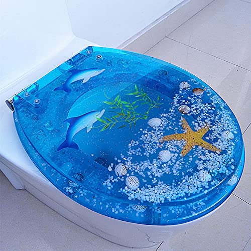 OURECO Abattant Wc À Fermeture Amortie Allongé Blanc, Violet, Bleu, Abattant Wc Ovale Épaissir, Abattant Wc Standard En Résine Effet 3D Dauphins, Étoiles de Mer, Coquillages Réels Et Sable/E