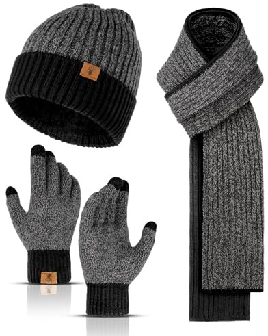 INSISMY Mössa halsduk och pekskärm handskar set vintermössa termiska handskar halsduk för män stickad mössa 3 stycken unisex hattar för kvinnor vintertillbehör för män kvinnor, svart och grå, En