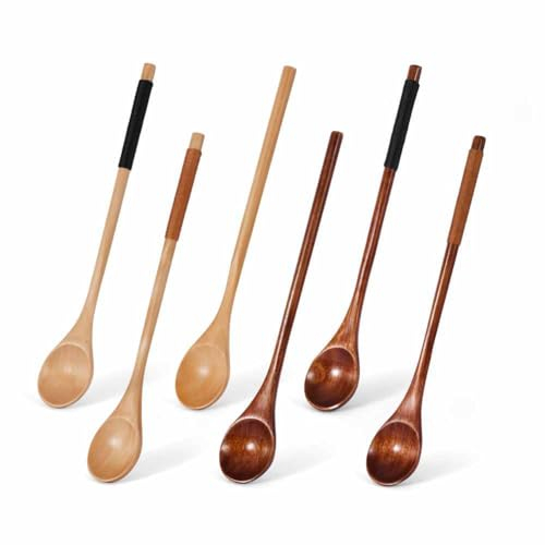 SHTGOI Lot de 6 cuillères à soupe japonaises en bois à long manche - 3 x 20 cm - Respectueux de l'environnement - Cuillère à café en bois naturel - Cuillères à confiture, miel, cocktail - Ustensiles
