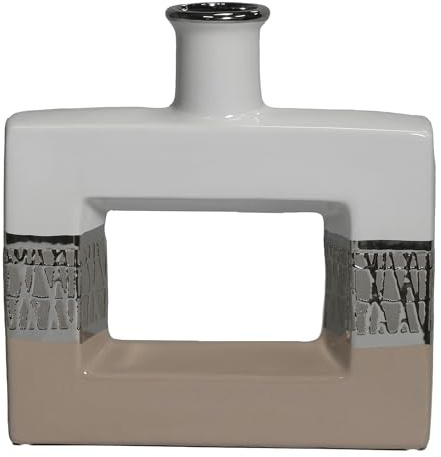 Tischvase aus Keramik mit Loch in Weiß, Silber und Beige, 6 x 24 x 24 cm