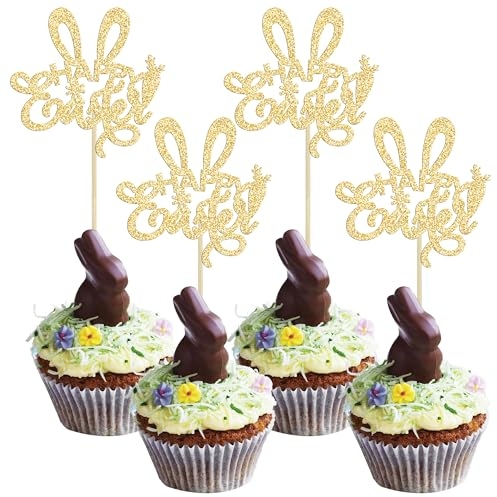 Ephlyn 24Pcs Happy Easter Cupcake Toppers Gold Glitter Easter Bunny Ear Cupcake Picks Happy Easter Day Theme Baby Shower Kids Birthday Party Cake Decorations Supplies