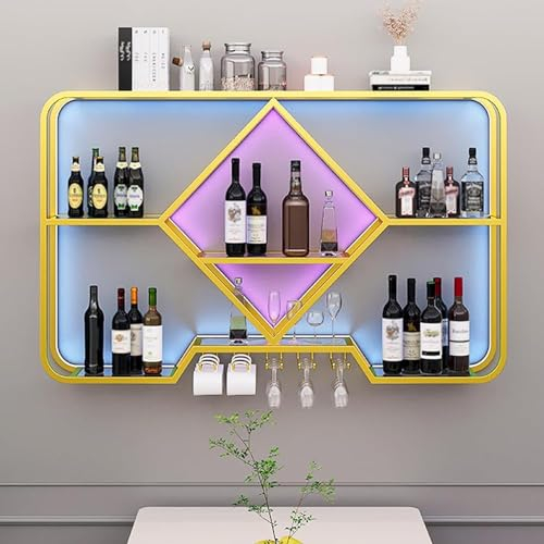 Wall-Mounted Wine Racks With LED Light, Multifunctional Functional Storage Shelf Wine Storage Display Rack With Glass Holder, Bar Unit Floating Shelves For Home Restauran(Size:100x20x70cm,Color:Gold)