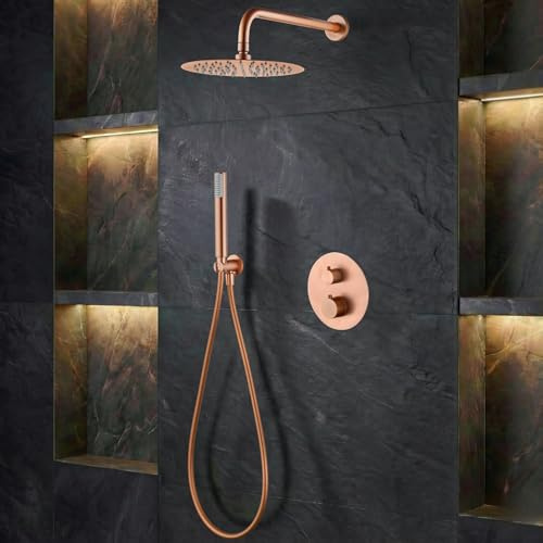 IMEX - Ducha Empotrada Termostática Oro Rosa | Conjunto de Grifería Empotrado con Alcachofa y Rociador Antical Efecto Lluvia | Ducha Empotrada con Grifo en Latón y Acero Inox S.304 | Serie Genova