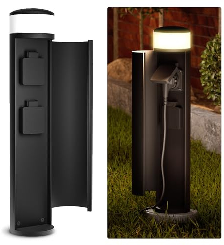 SSC-LUXon PALISO - Presa da giardino 2 prese con lampada per esterni, design nero, colonna di energia, IP44, con LED G9, 2 W, luce bianca calda