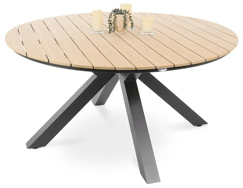 di volio Gartentisch Ravello 150 cm rund aus Aluminium Holzoptik wetterfest | 8 Personen, Nivellierfüße, X-Gestell, UV-beständig, pflegeleicht, leicht, Terrasse, Familienfeste