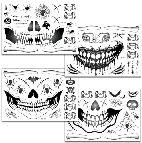 EIYVPRA 4 Blatt Gruselig Halloween Gesicht Temporäre Tattoos Damen Herren Klebetattoos Erwachsene, Mund Aufkleber Skelett Vampir Kostüm Requisiten Cosplay Gesichtstattoo Horror Halloween Deko Party