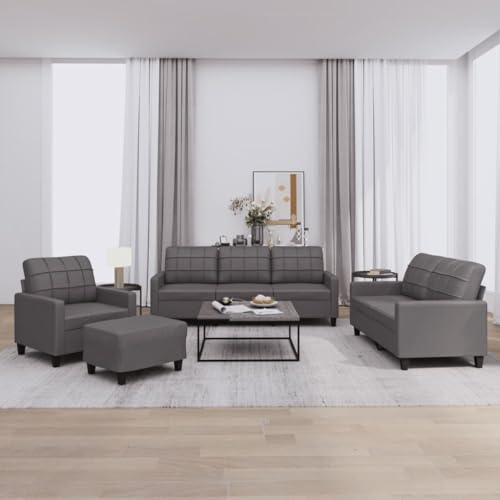 Willood 3 Sitzer + 2 Sitzer Sofa + Sessel + Hocker Sofagarnitur Kunstleder Grau