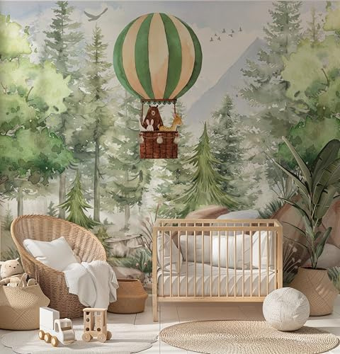 Fototapete Kinderzimmer, Wald, Waldtiere Bäume, Tapeten für Kinder Babyzimmer Vlies Tapeten wandtapete Mädchen und Jungen. Luftballons GebirgeTapete nach Maß 1m2
