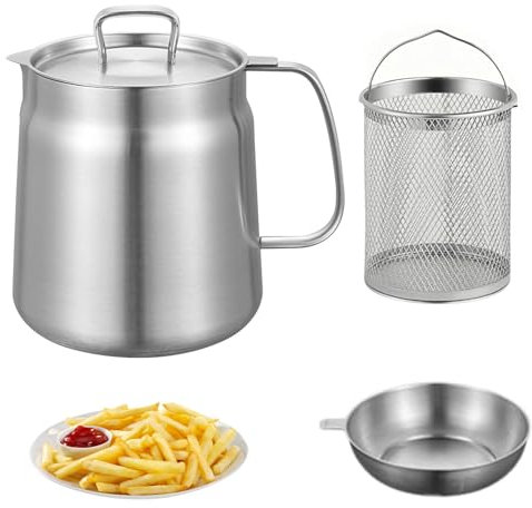 2 L Olla para Freír, Mini Freidora, olla con Colador, Olla para Colador de Aceite Multifuncional de acero Inoxidable 304, Recipiente para Aceite con Colador para la Cocina