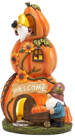 TERESA'S COLLECTIONS Herbstdeko Draußen, Kürbishaus mit Solarleuchte 17cm | herbst figuren Zwerge, Feenhaus Outdoor,Gartendeko aus Kunstharz Wetterfeste,Herbst Erntedank Geschenke