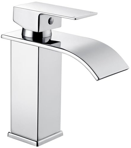 Waschtischarmatur Wasserhahn Bad Wasserfall für Waschbecken Armatur Badezimmer Badarmatur Waschbeckenarmatur Mischbatterie Einhebelmischer Gäste WC mit Auslauf Höhe 110 mm, Chrom