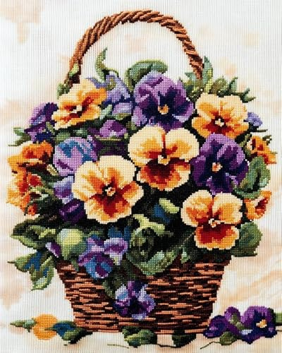 Cross Stitch Kits for Adults,Pansy Flower Basket,11CT Counted Printed Cross Stitch Kits for Home Wall Decor,16x20in