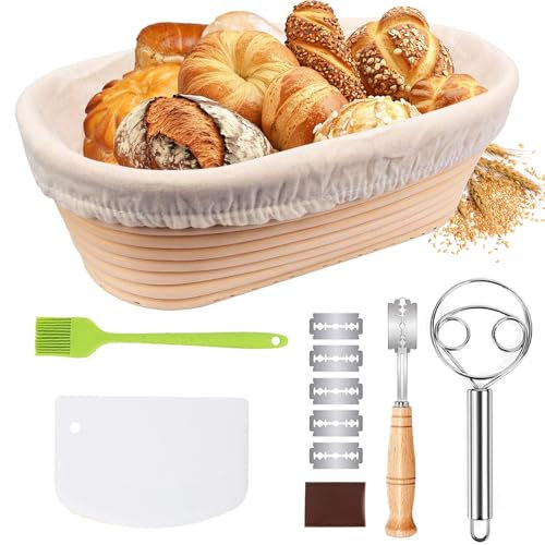 Bread Proofing Basket Set, 100% Natural Bread Banneton Proofing Basket, 10 inch Oval Banneton Bowl with Dough Whisk Linen Liner Cloth Dough Scraper Silicone Brush Bread Lame & Blades for Home Bakers