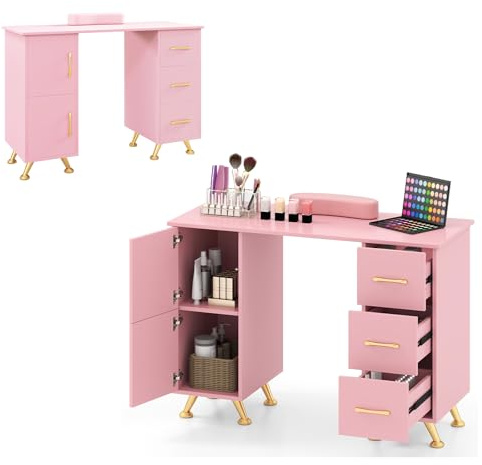 HOMASIS Table de Manucure en Bois, Bureau à Ongles avec 3 Tiroirs, 2 Armoires, Repose-Poignet Amovible, Table Onglerie Pieds Métalliques pour Salon de Beauté, Maquillage, Bureau (Rose)