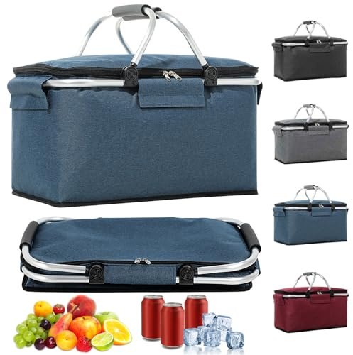 Hengrongshen 18 l shoppingkorg vikbar, inköpskorg med kylfunktion, med lock, korg shopping, kylkorg vikbar, kylbox bärbar, bärkorg, isolerad blå för resor, picknick, shopping
