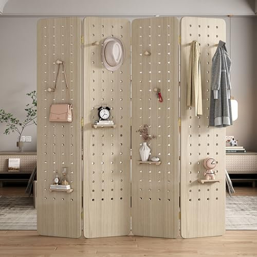 Tableros de madera de estilo japonés con ganchos y estantes, separador de pared plegable de 4 paneles para entrada, dormitorio, sala de estar, 180 cm de alto, división de privacidad