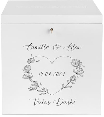 Creative Deco Kartenbox Hochzeit Personalisiert Holzkiste mit Deckel Weiß | 29 x 25 x 30 cm | Hochzeitsgeschenke für Brautpaar Geldbox Wunschtext Taubenpaar Geldgeschenke Holzbox mit Schlitz
