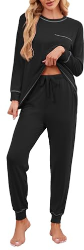 Namatime Pigiama da donna lungo in cotone, set completo di biancheria da notte, T-shirt a maniche lunghe e pantaloni da pigiama con tasche, Nero , XL