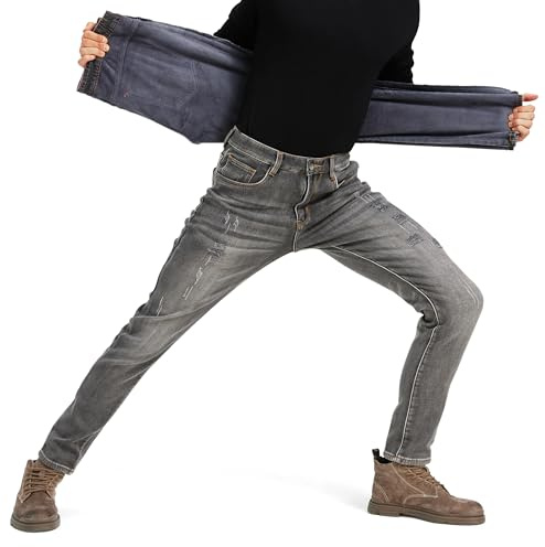 ziilay Jeans da uomo foderati Destroyed – jeans termici con pile caldo elegante strappato patchato denim comodo tapered slim fit streetwear, 32W x 32L