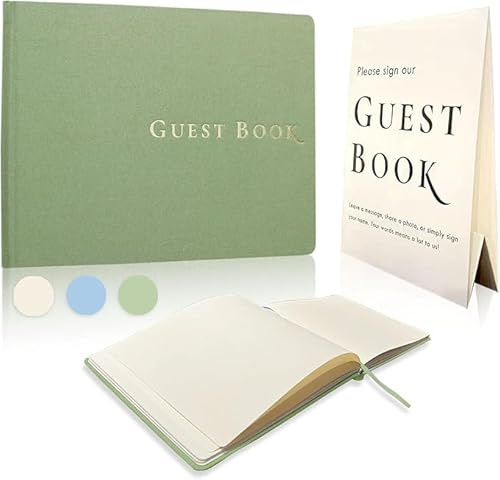 Beautiful Linen Wedding Guest Book Set, Compact Unlined Sign In Book with Table Sign, 120 Blank Pages, Guest Book for Wedding Reception, Birthday, Baby Shower & Events, Simple and Elegant Guestbook