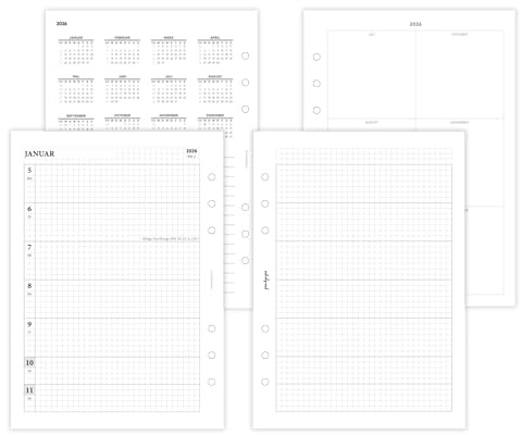 pen & pages® Kalender 2026 Kariert Familienkalender 1 Woche auf 2 Seiten DIN A5 Kalendereinlage für Ringbuch mit DACH Feiertagen Jahresübersicht 6 fach Lochung