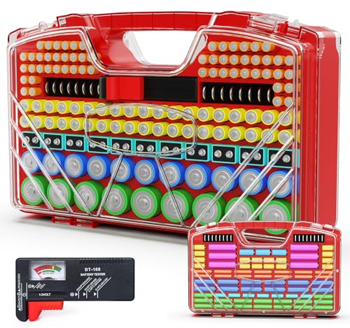 PUBUBLLE Battery Organizer Storage Holder Box Case with Tester, New Ultra-Large 285+Batteries Double-Sided Variety Pack, Holds AA AAA 4A C D Button Cell 9V 3V CR123 CR1632 LR44 Lithium18650 CR2 Red