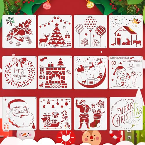 12 Stück Weihnachten Schablonen Weihnachtsmann Schneemann Stencil Schablonen Malen Kunststoff Zeichnung Malschablonen kunststoff Wiederverwendbar für Malerei DIY Fenster Wand Karte Machen Scrapbooking