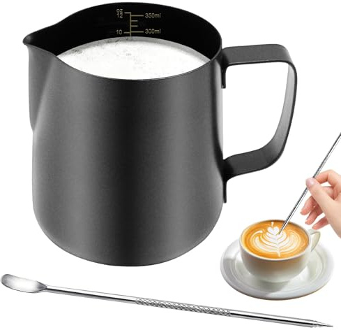 Tbintul 350ml/12oz pichet à lait, pot a lait en acier inoxydable mousseur à lait avec latte art pen et échelle graduée, milk frother, Idéal pour espresso, cappuccino, latte, barista, noir