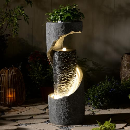 Bumilgar 90CM Bubble Water Feature Outdoor&Indoor, Modern Floor Standing Water Features with LED Lights for Patio, Living Room, Deck, Porch, Entryway, Home Decor, Gray