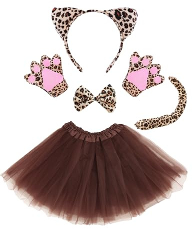 Moiuguli 5 Pcs Animal Costume for Kids, Include Leopard Ears Headband Bowtie Tail Gloves and Cute Tutu Skirt, Girls Leopard Costume Set for Animal Theme Party Halloween Carnival