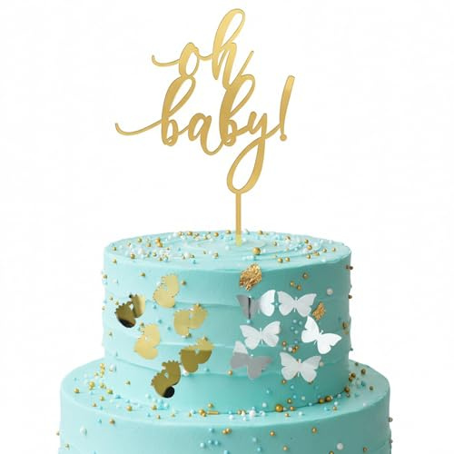 Xvbhaq 13 Stück Oh Baby Cake Topper, Goldene Fußabdrücke & Silberne Schmetterlinge Acryl Tortendeko, Babyparty Deko Für Mädchen & Jungen, Tortenstecker Für Geburtstag, Baby Shower & Gender Reveal