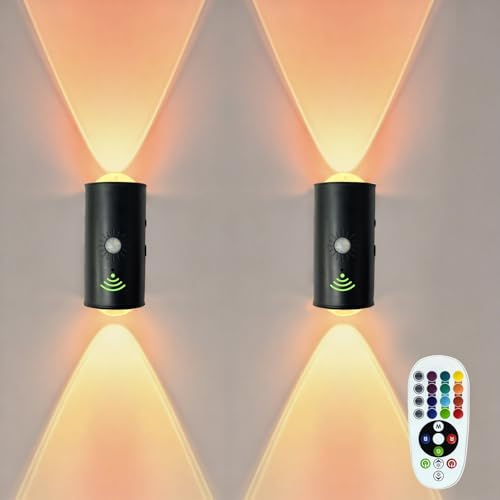 Nachtlicht mit Bewegungsmelder und Fernbedienung, 16-Farben RGB Nachtlicht Dimmbar, Smart Night Light, Wiederaufladbare LED Wandleuchte, Akku Wandlampe für Treppe Schlafzimmer (Schwarz 2PCS)
