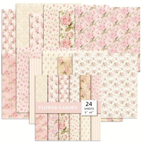 BRTNUP 24 Sheets Scrapbook Paper, 6 x 6 Pink White Floral Garden Series Scrapbooking Paper Pads Decoupage Paper Sheets for DIY Scrapbooking Card Making Decoupage & Art Journaling Supplies