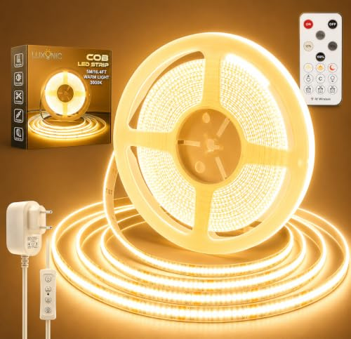 LUXONIC 24V COB Continua Striscia LED 5M,8MM Bianco Caldo 3000K Nastri LED | dimmabili con telecomando, Strisce Luci LED flessibile ultra luminosa CRI90+ per armadio, casa, TV, Cucin Specchio, Soggio