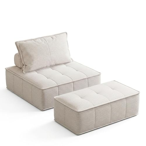 Modulares Bodensofa Cord mit Hocker - Design Lounge Sessel, Kordsamt Beige, Ergonomischer Bodensessel & Fußhocker, Weich & Formstabil, für Wohnzimmer, Gaming & Kinder, Keine Montage(100cm)